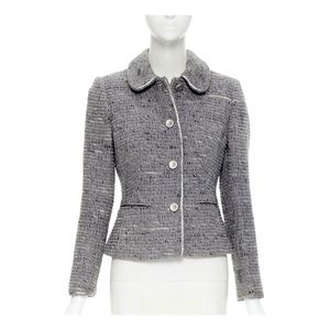LUISA BECCARIA Gray Tweed Silver Leather Button Jacket & Skirt Set